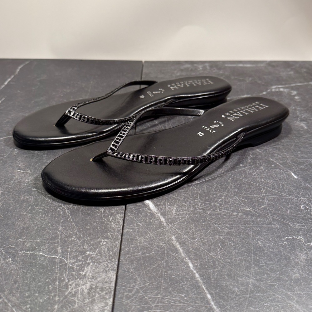 Women Italian Shoemakers Shoes | Size 10 | Black Rhinestone Thong Wedge Sandals - Picture 6 of 9